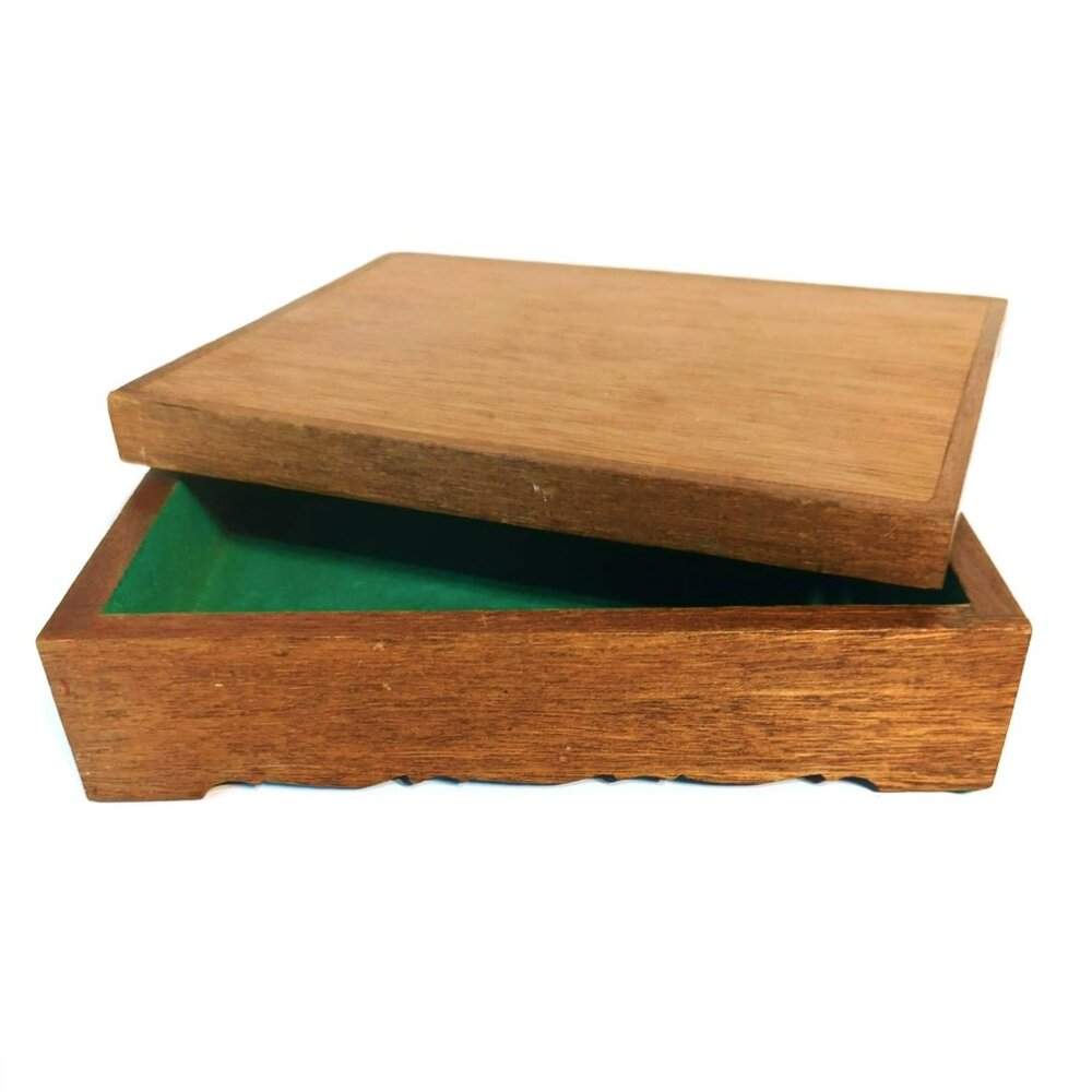 Vintage Solid Wood Jewelry Trinket Box With Green Velvet Lining Signed Pasquini